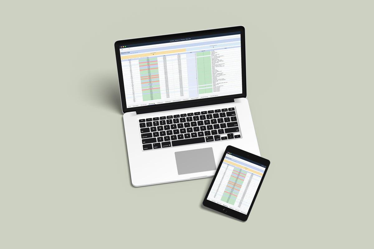 Holiday and Absence Planner Excel template on a MacBook and iPad, second view