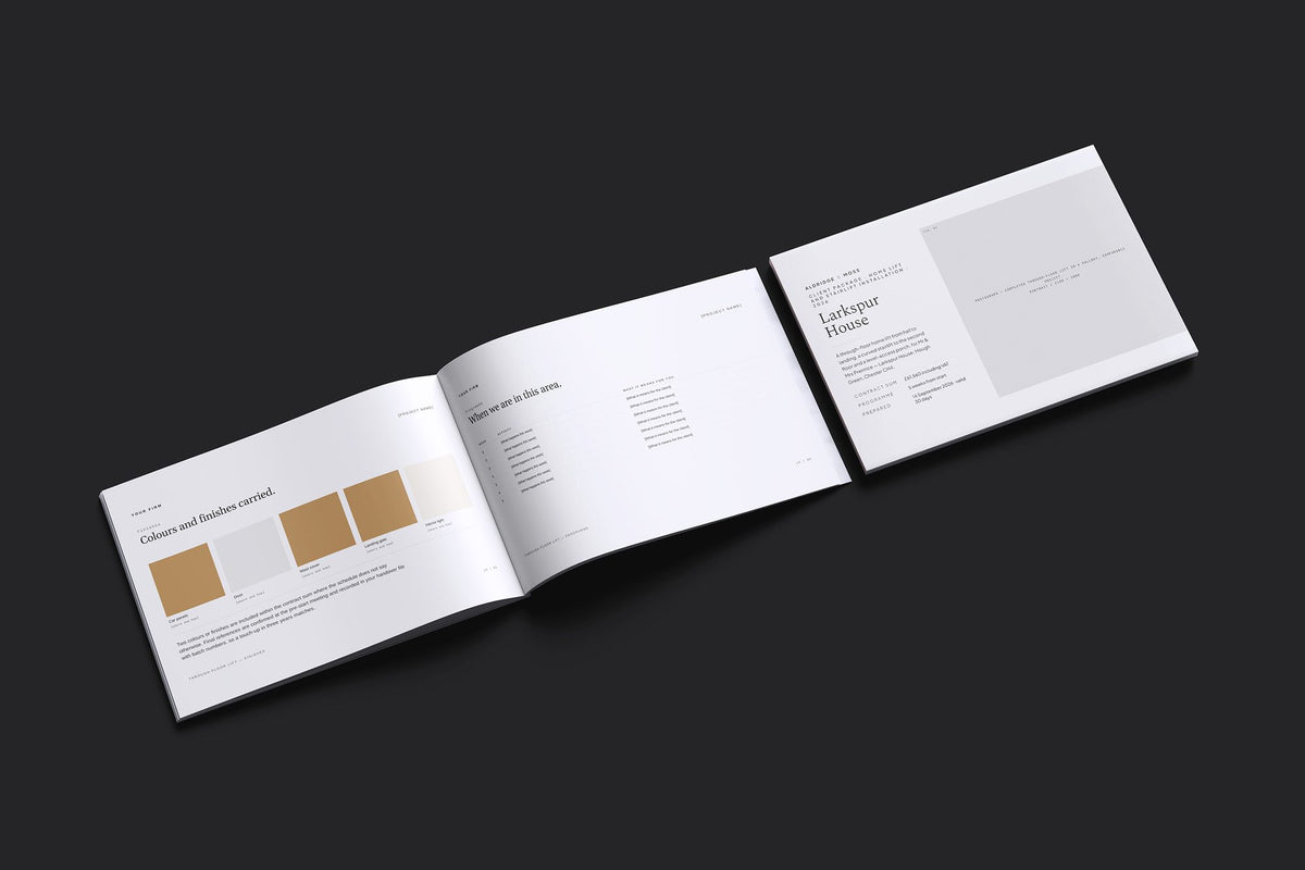 Home Lift Client Package, Ivory colourway, cover and inside spread mockup