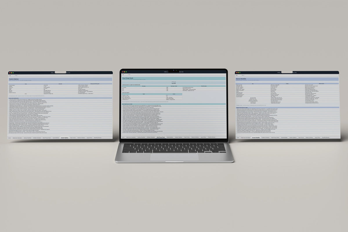 HVAC Heat Loss Calculator Excel template, Heat Pump Check tab on a laptop screen