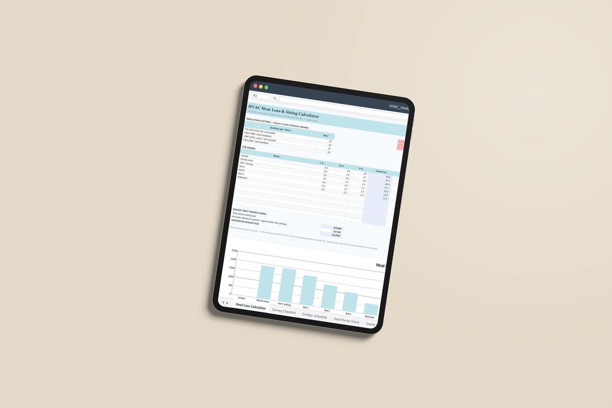 HVAC Heat Loss Calculator Excel template on an iPad Pro