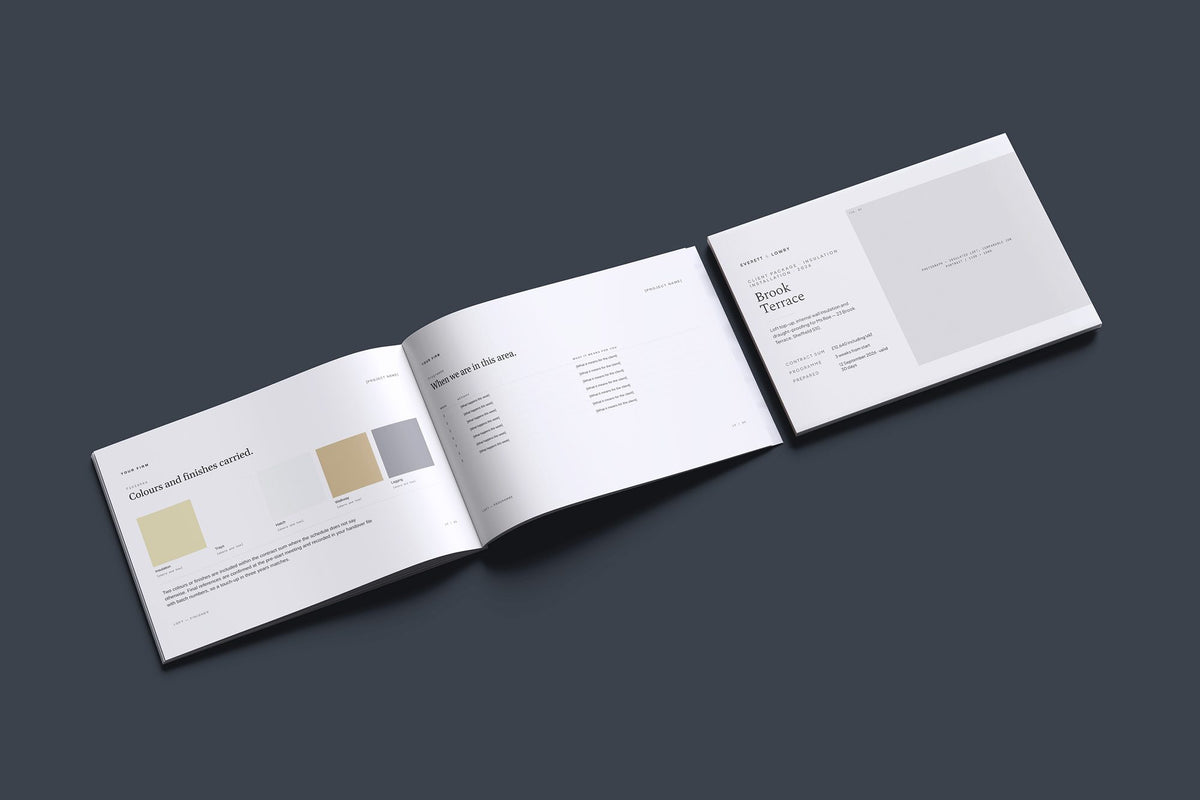 Insulation Installer Client Package, Ivory colourway, cover and inside spread mockup