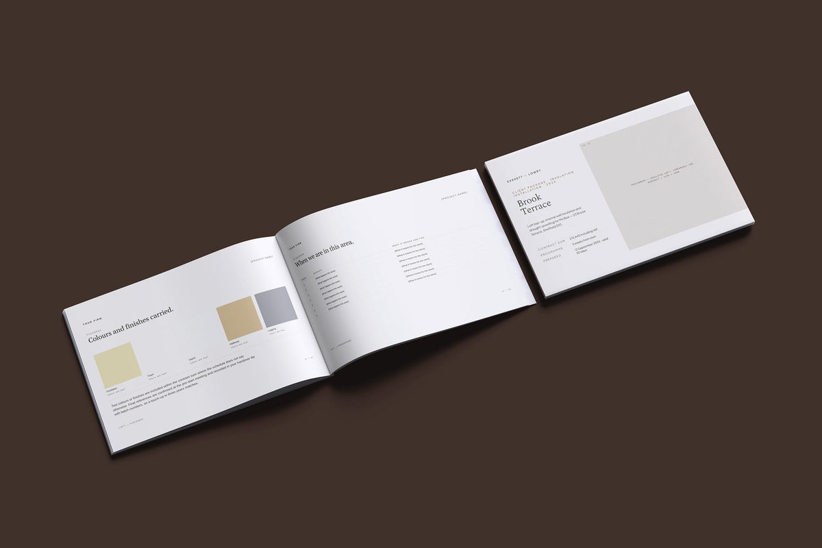Insulation Installer Client Package, Oat colourway, cover and inside spread mockup