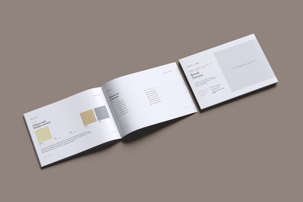 Insulation Installer Client Package, Slate colourway, cover and inside spread mockup