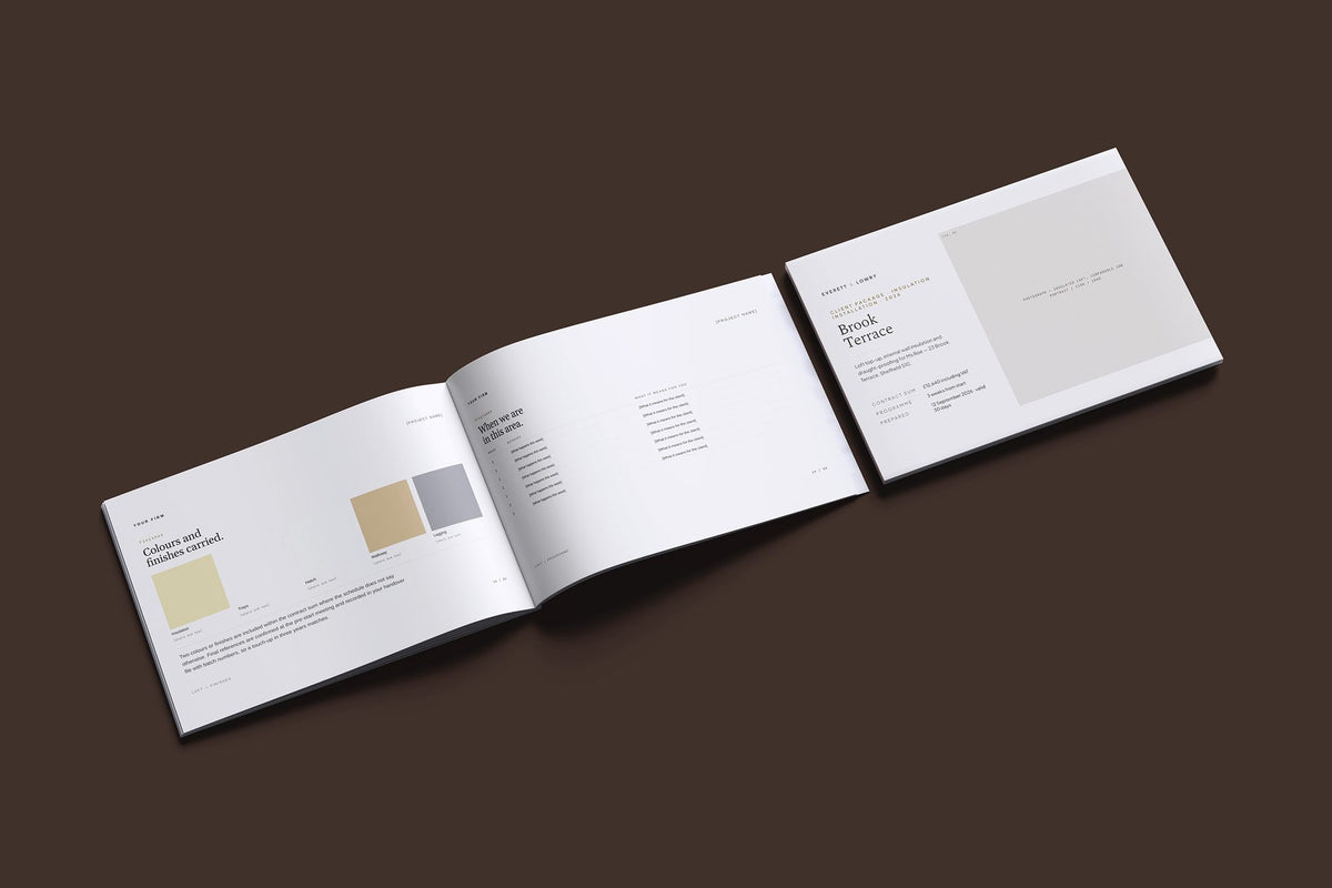 Insulation Installer Client Package, Standard colourway, cover and inside spread mockup