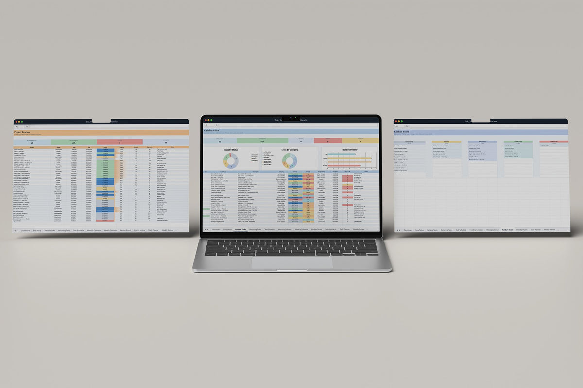 Insulation Task Tracker 2.0 Excel template, Variable Tasks tab on a laptop screen