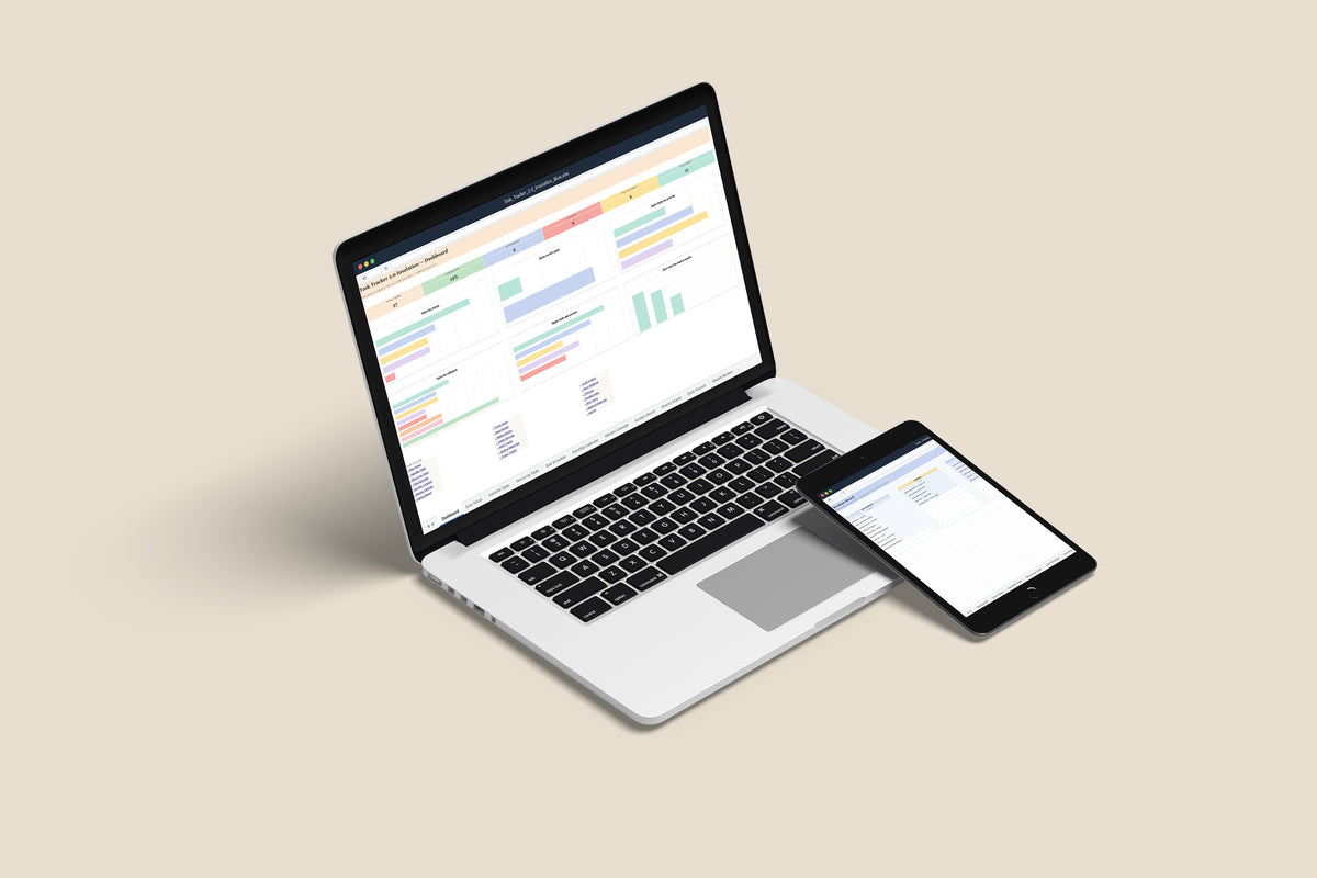 Task Tracker 2.0 - Insulation Excel template on a MacBook and iPad