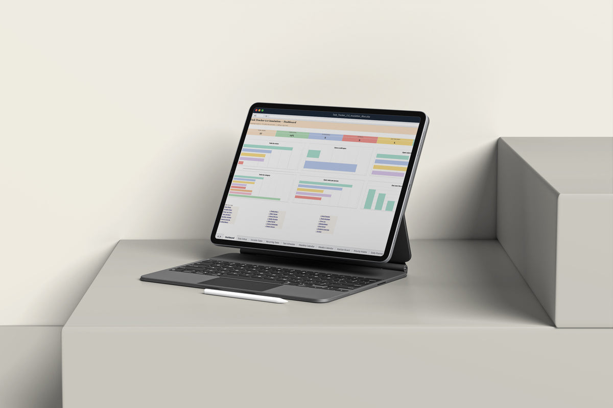 Task Tracker 2.0 - Insulation Excel template on an iPad with keyboard