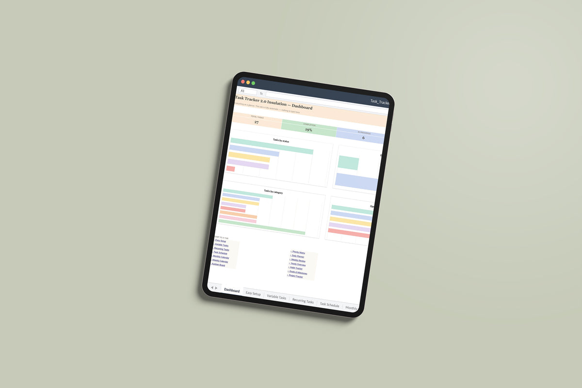 Task Tracker 2.0 - Insulation Excel template on an iPad Pro