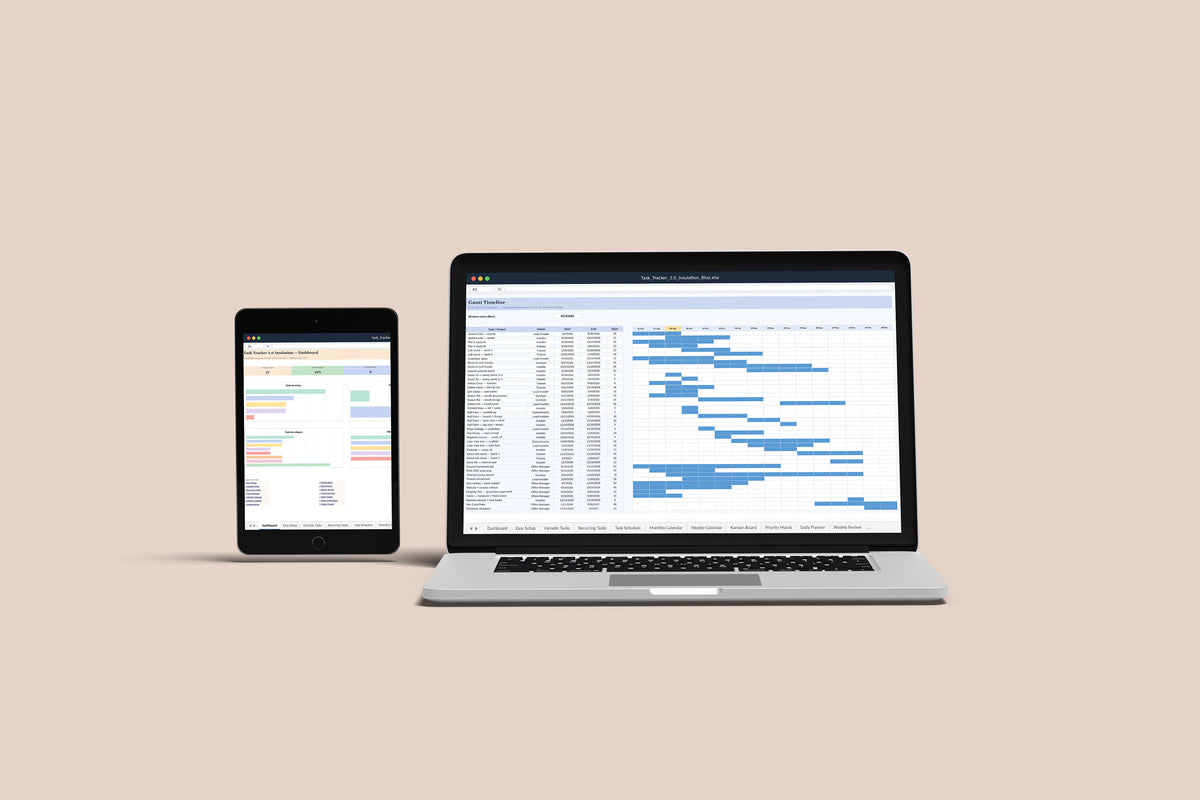 Task Tracker 2.0 - Insulation Excel template on a MacBook and iPad, second view