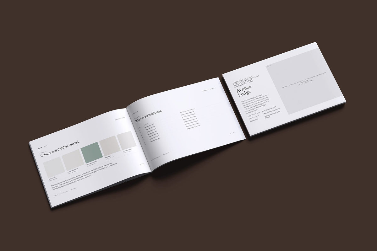Interior Design Client Package, Ivory colourway, cover and inside spread mockup