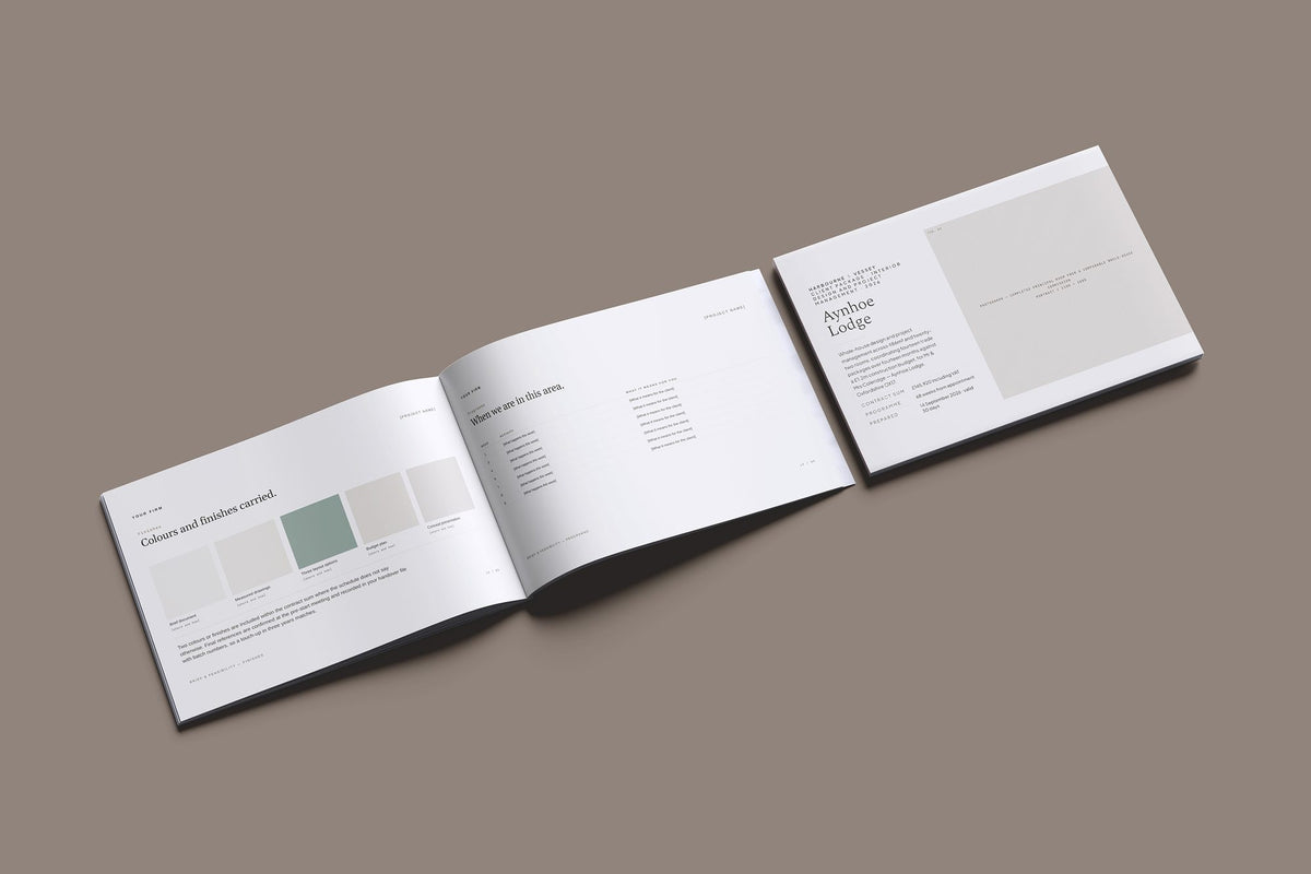 Interior Design Client Package, Oat colourway, cover and inside spread mockup