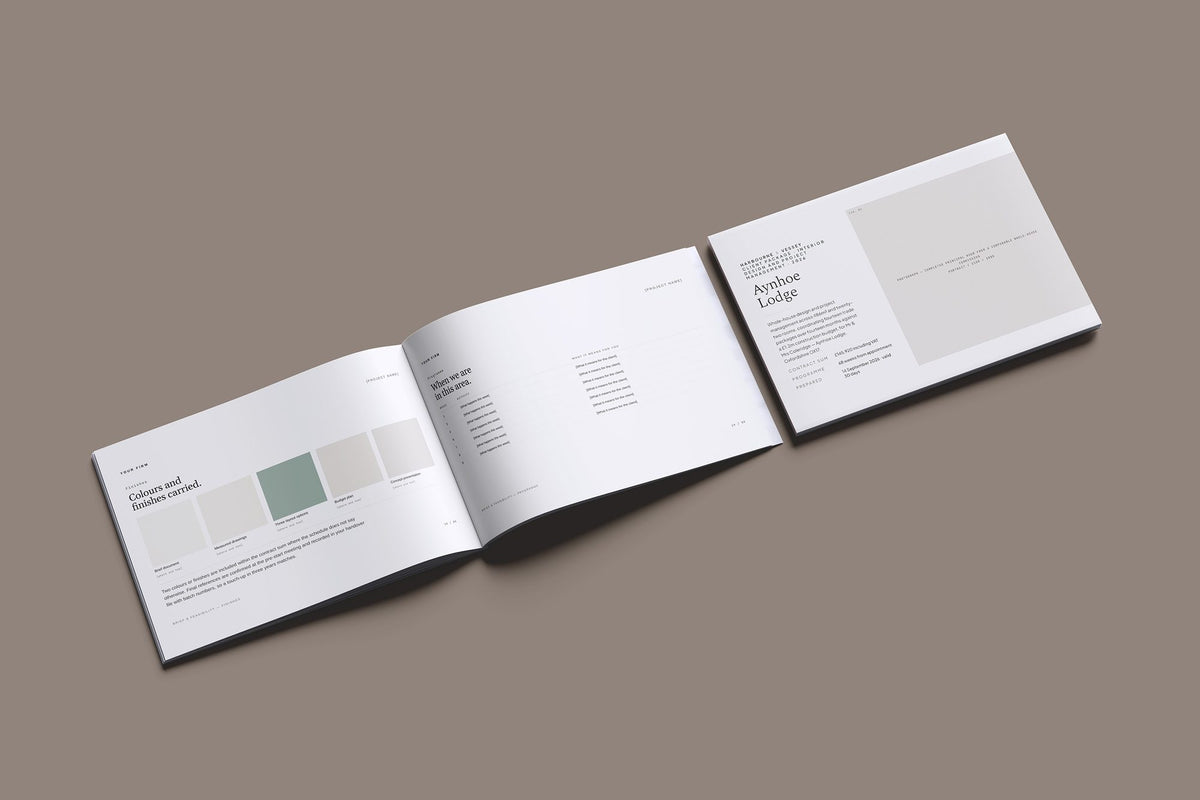 Interior Design Client Package, Standard colourway, cover and inside spread mockup