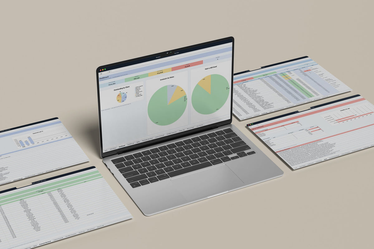 Invoice and Payment Tracker Excel template, Dashboard tab on a laptop screen