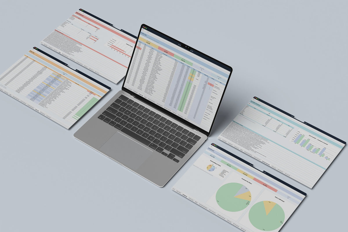 Invoice and Payment Tracker Excel template, Invoice Log tab on a laptop screen