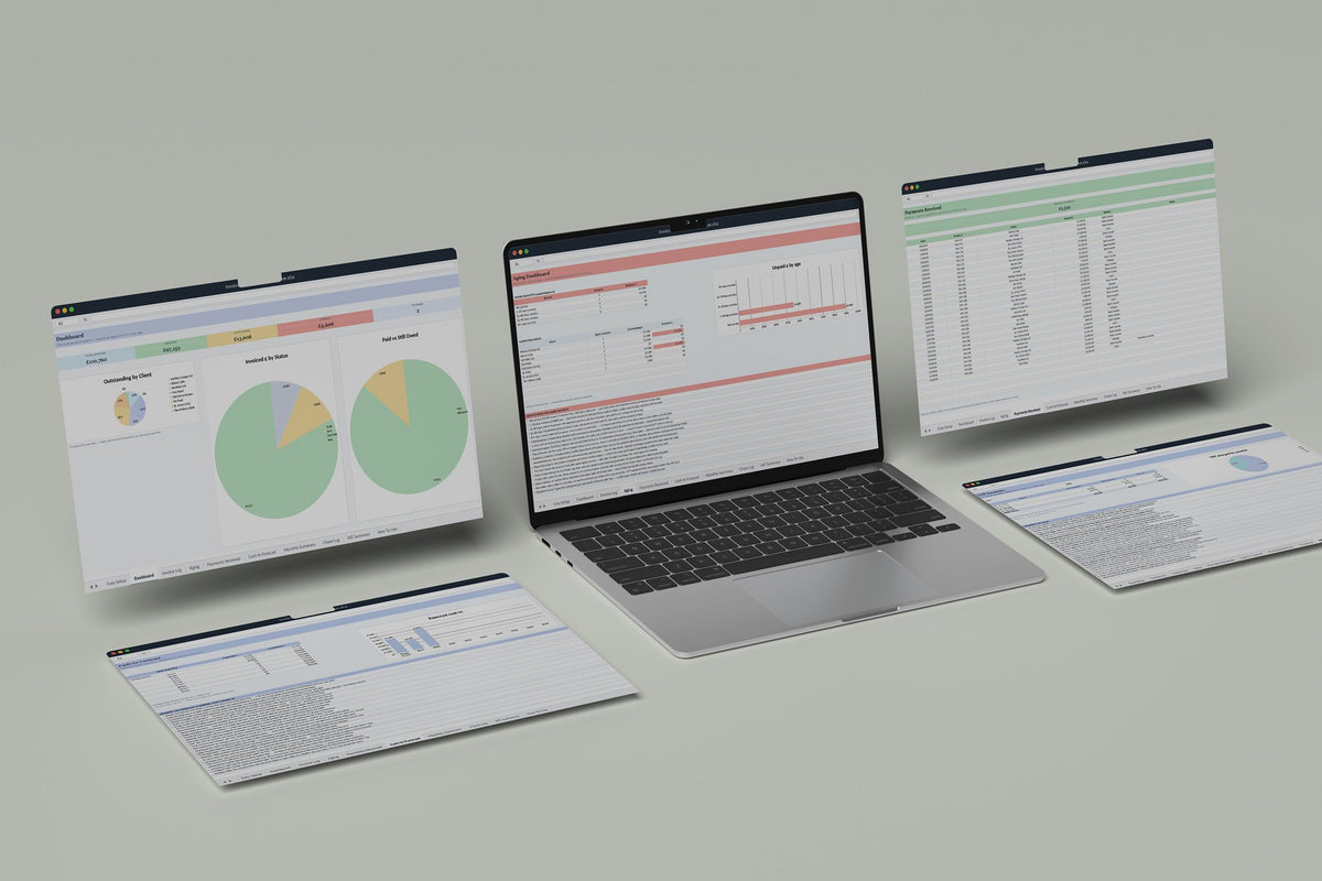 Invoice and Payment Tracker Excel template, Aging tab on a laptop screen