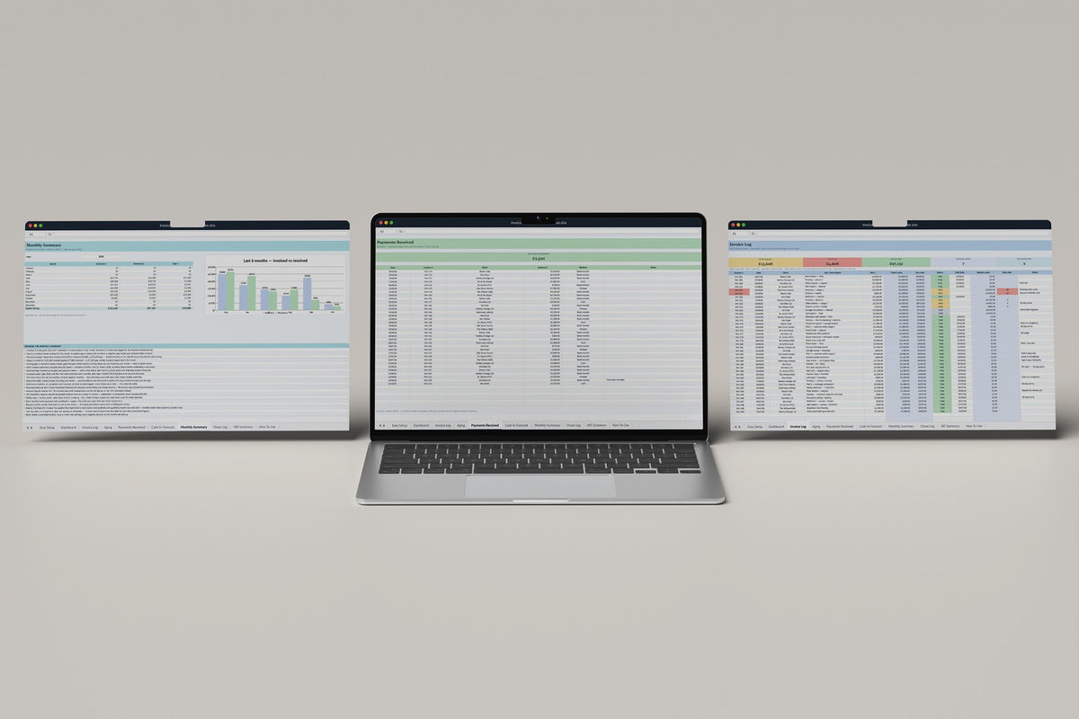 Invoice and Payment Tracker Excel template, Payments Received tab on a laptop screen
