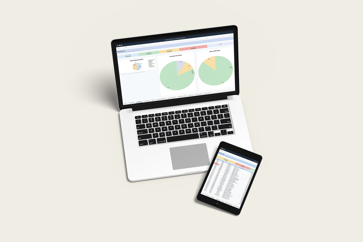 Invoice and Payment Tracker Excel template on a MacBook and iPad