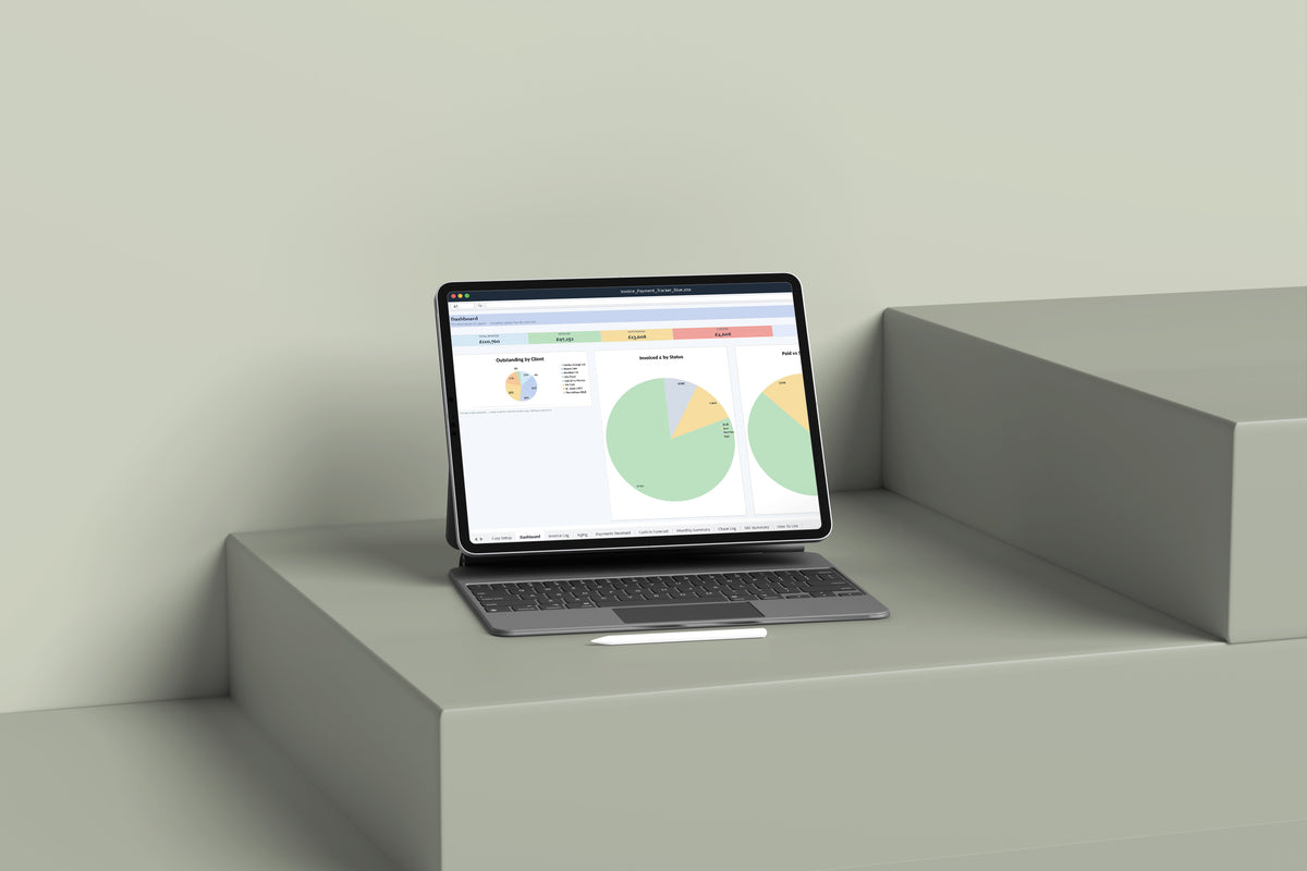 Invoice and Payment Tracker Excel template on an iPad with keyboard