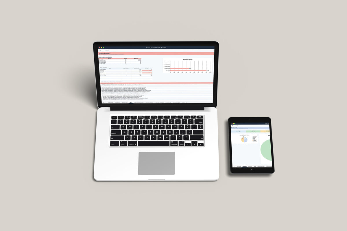 Invoice and Payment Tracker Excel template on a MacBook and iPad, second view