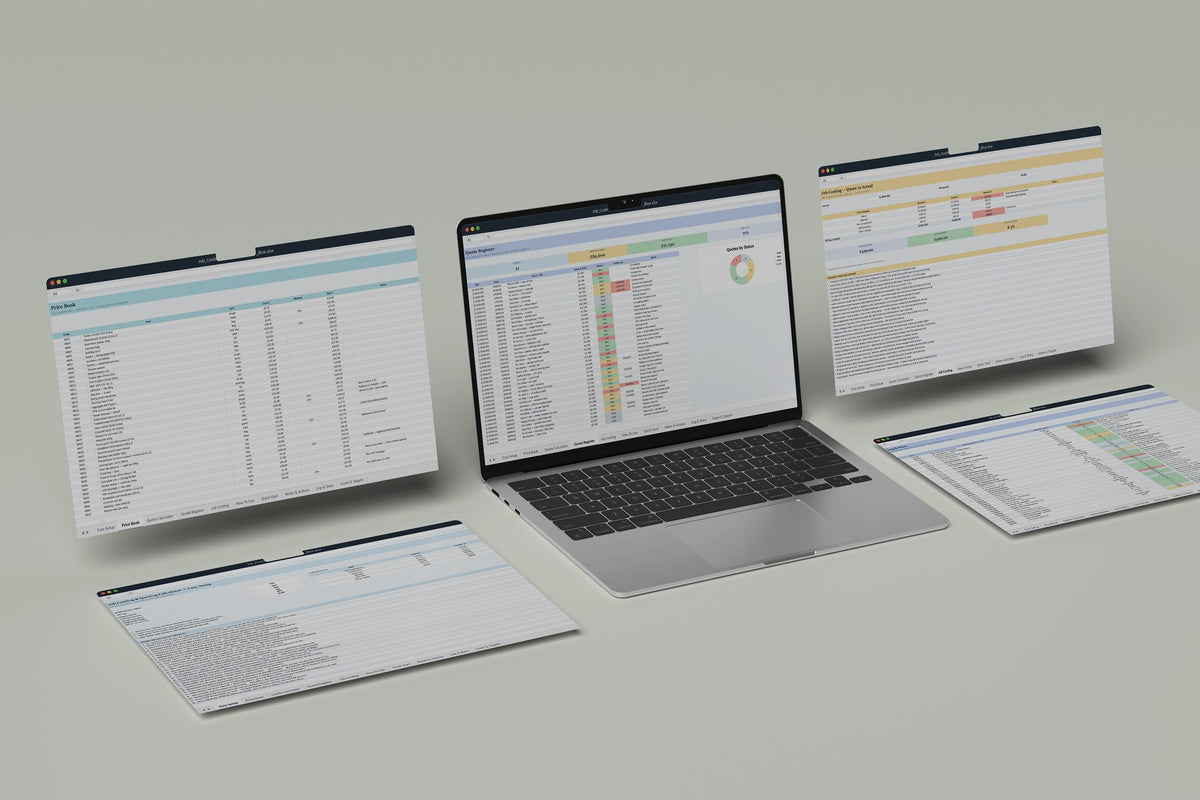 Job Costing and Quoting Calculator Excel template, Quote Register tab on a laptop screen
