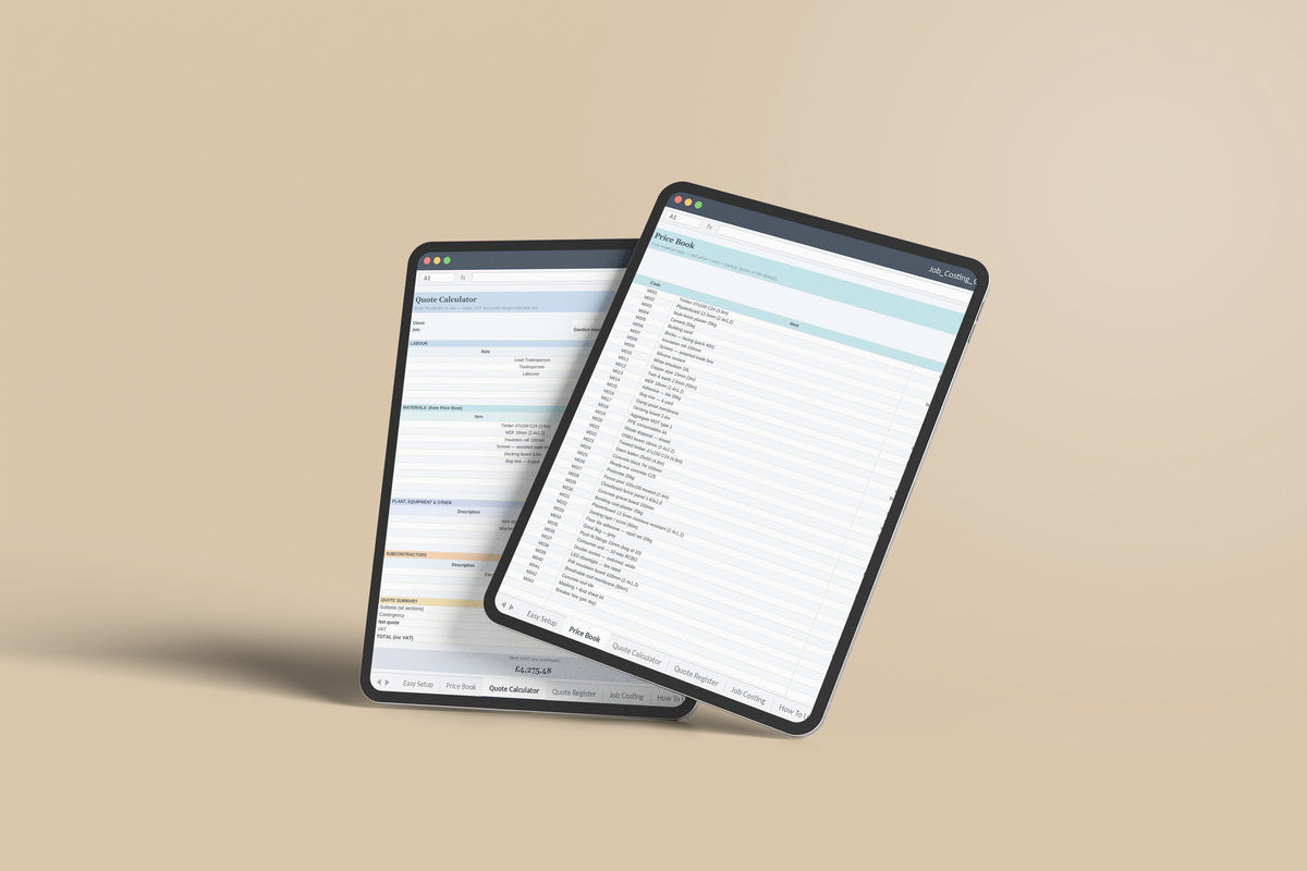Job Costing and Quoting Calculator Excel template on an iPad Pro
