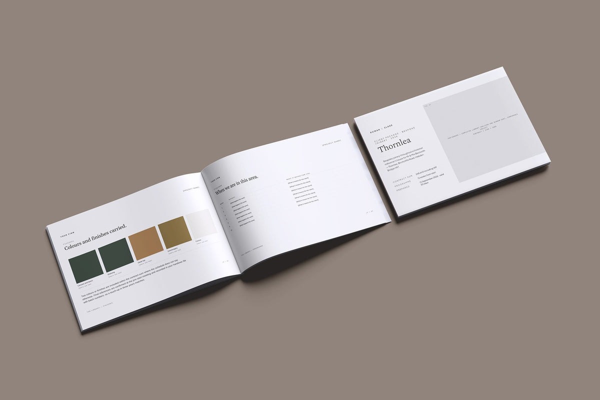 Joiner Client Package, Ivory colourway, cover and inside spread mockup