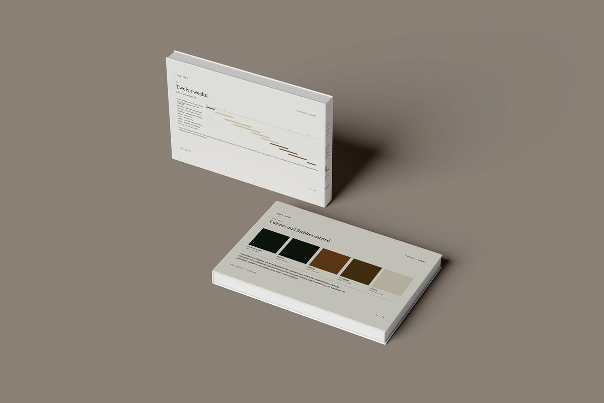Joiner Client Package, Oat colourway, floating books mockup