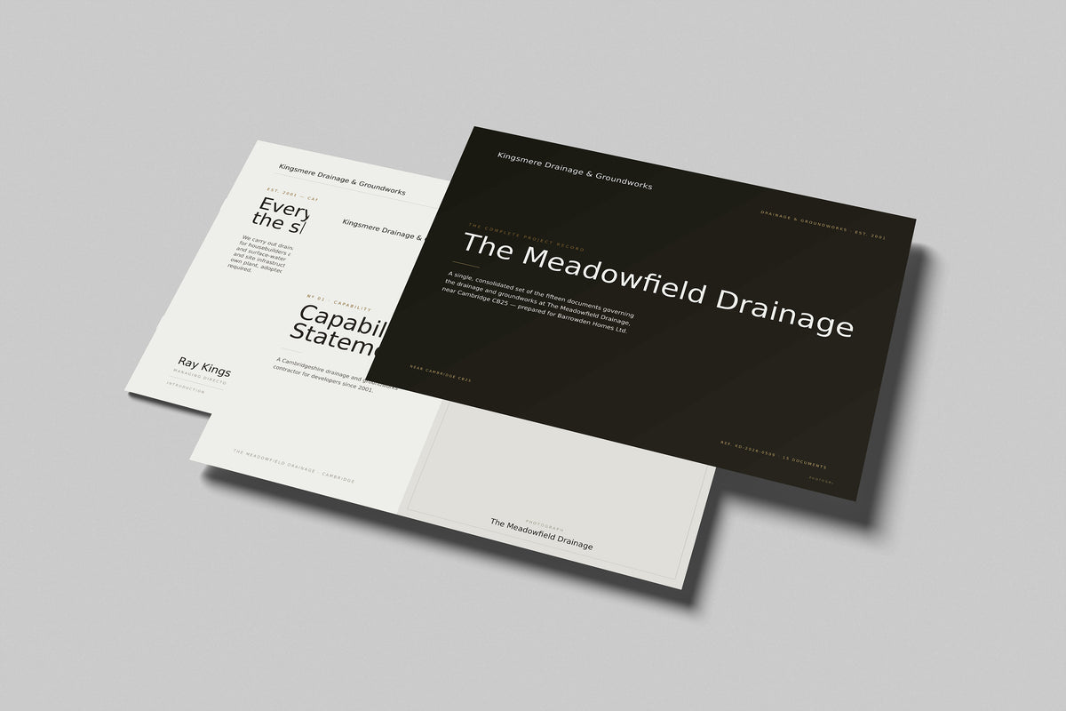 Groundworks & Drainage Contractor Project Pack in PowerPoint, printed pages floating