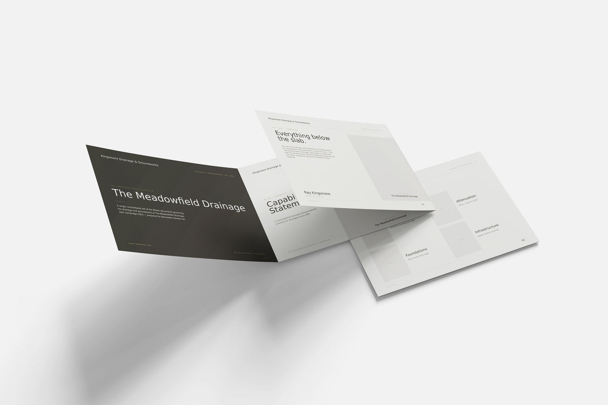 Groundworks & Drainage Contractor Project Pack in PowerPoint, printed documents stacked