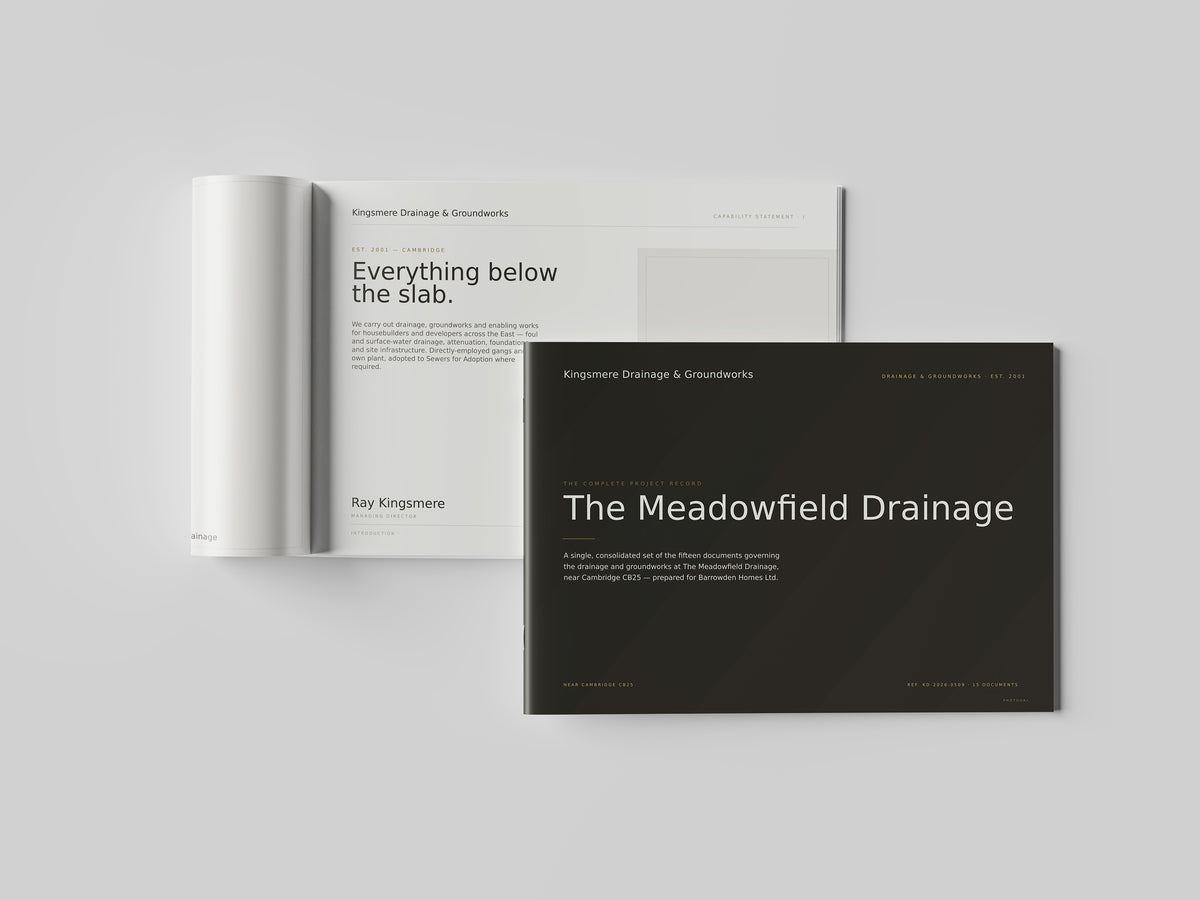 Groundworks & Drainage Contractor Project Pack in PowerPoint, printed and open at an inside page