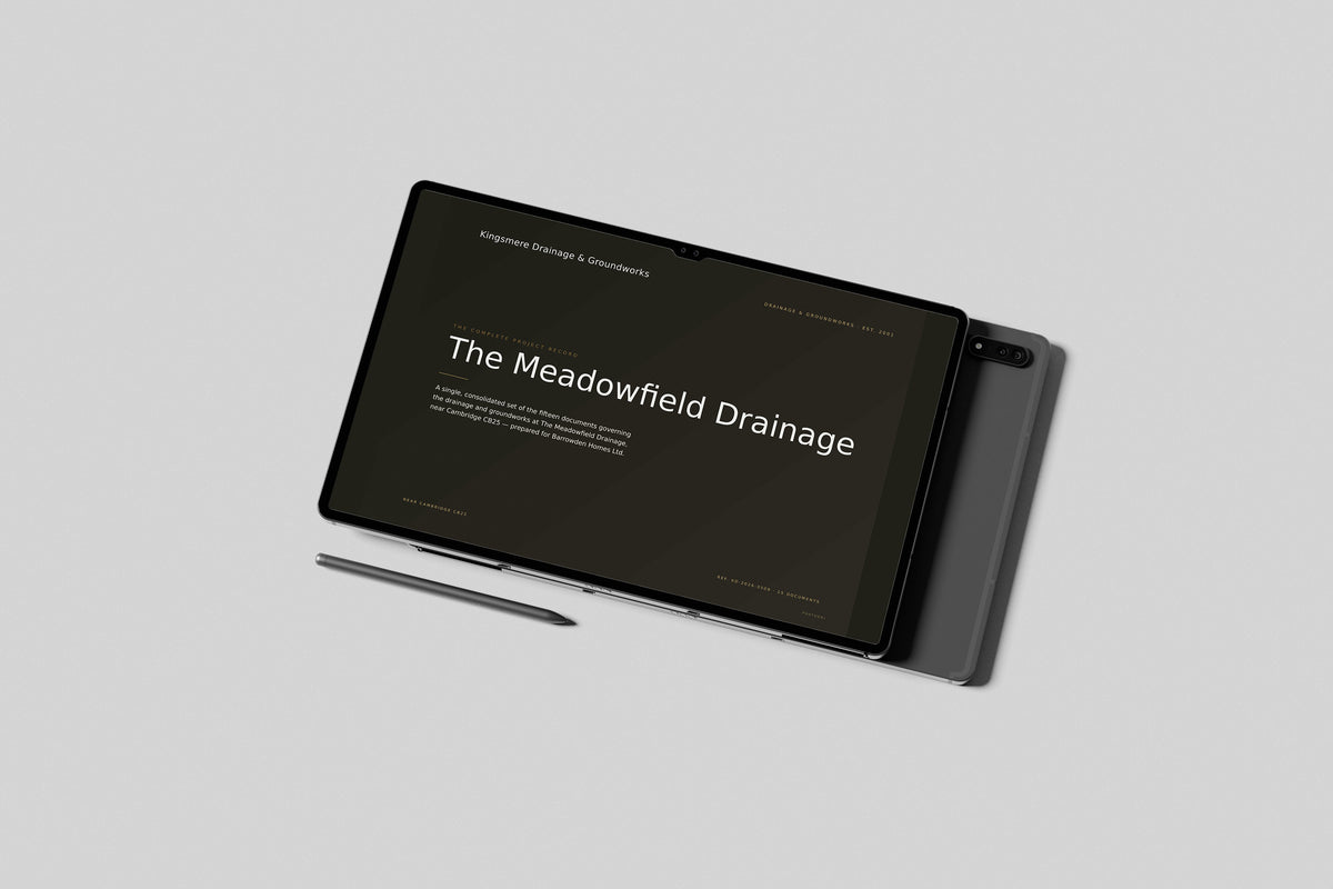 Groundworks & Drainage Contractor Project Pack in PowerPoint, shown on a tablet