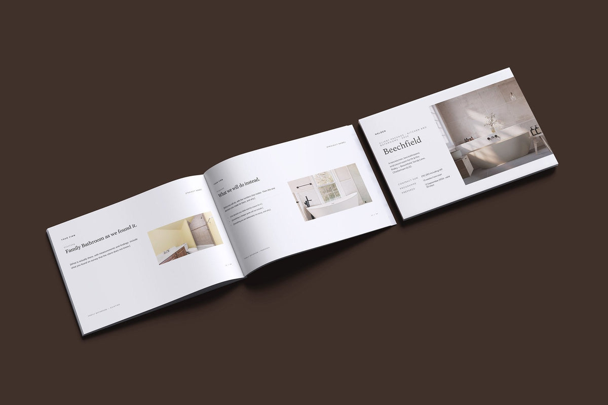Kitchen and Bathroom Fitter Client Package, Ivory colourway, cover and inside spread mockup