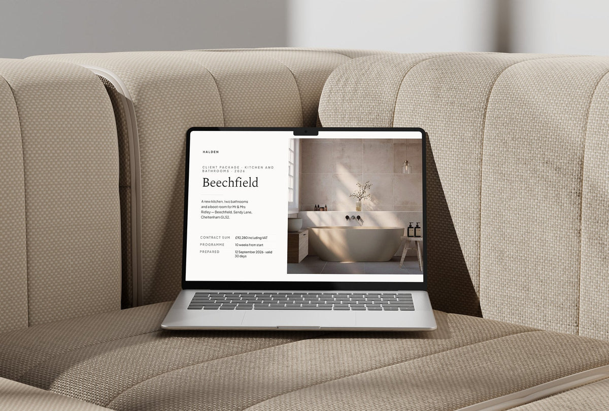 Kitchen and Bathroom Fitter Client Package, Ivory colourway, laptop screen mockup