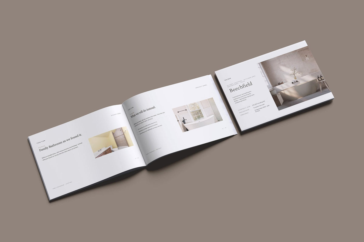 Kitchen and Bathroom Fitter Client Package, Oat colourway, cover and inside spread mockup