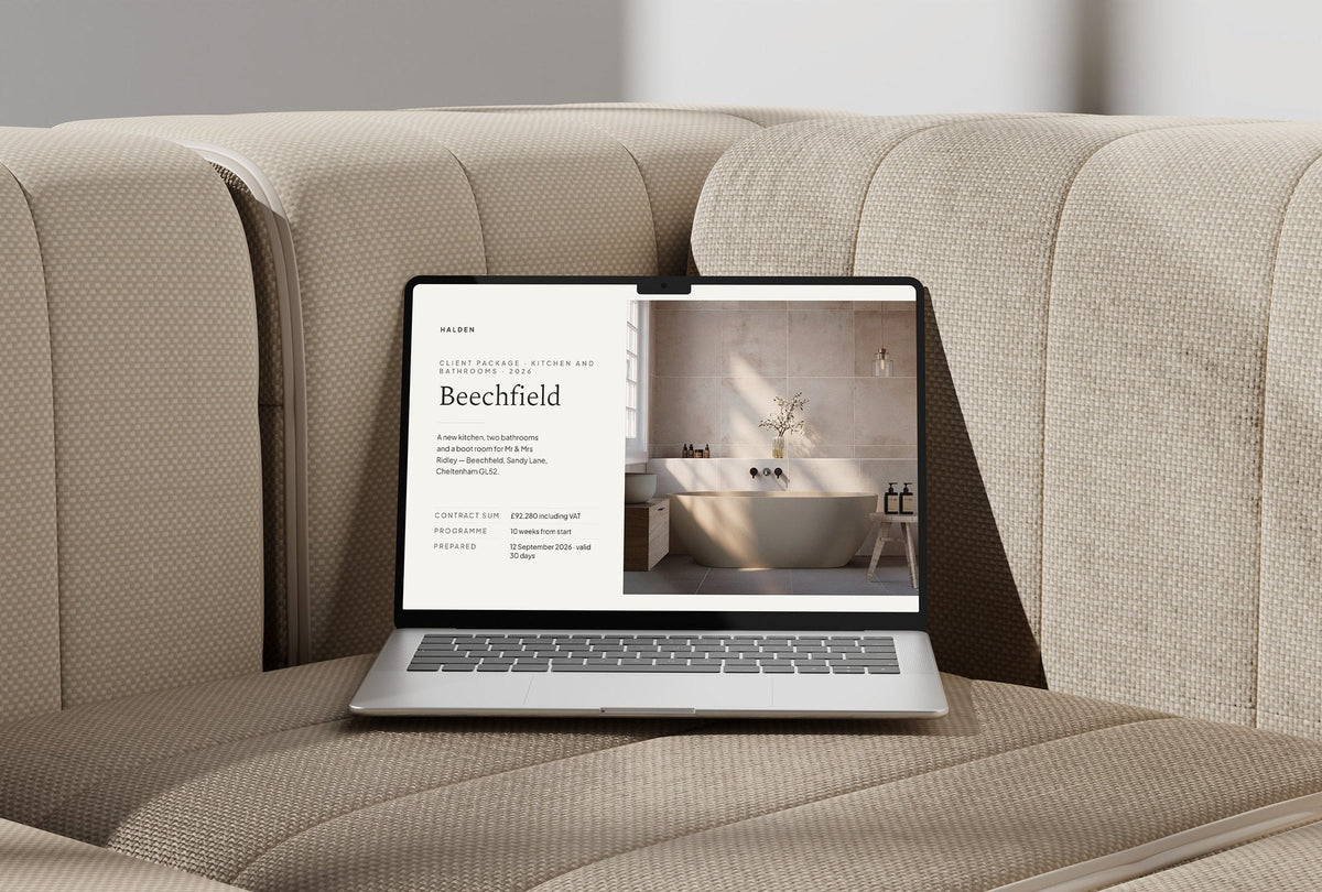 Kitchen and Bathroom Fitter Client Package, Oat colourway, laptop screen mockup