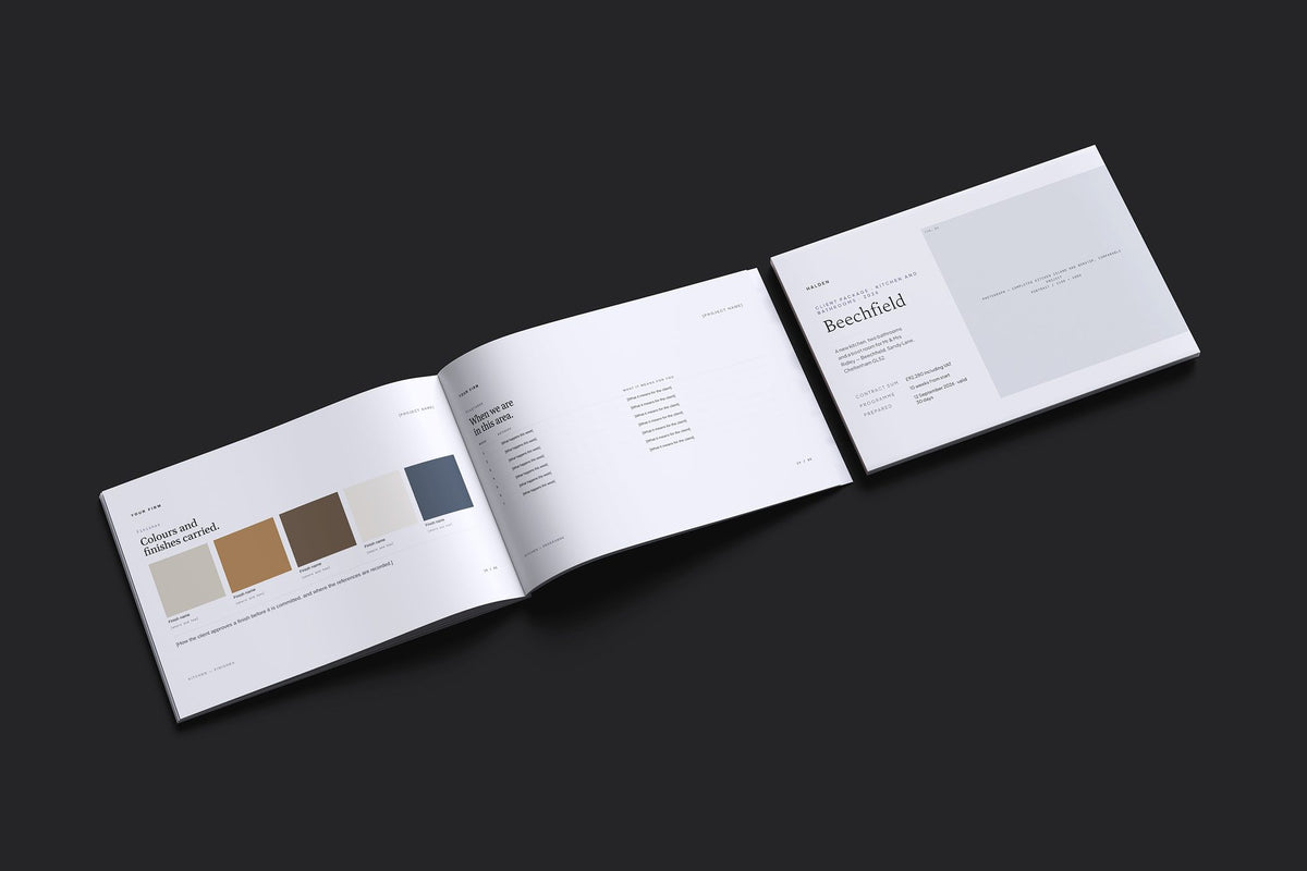 Kitchen and Bathroom Fitter Client Package, Slate colourway, cover and inside spread mockup