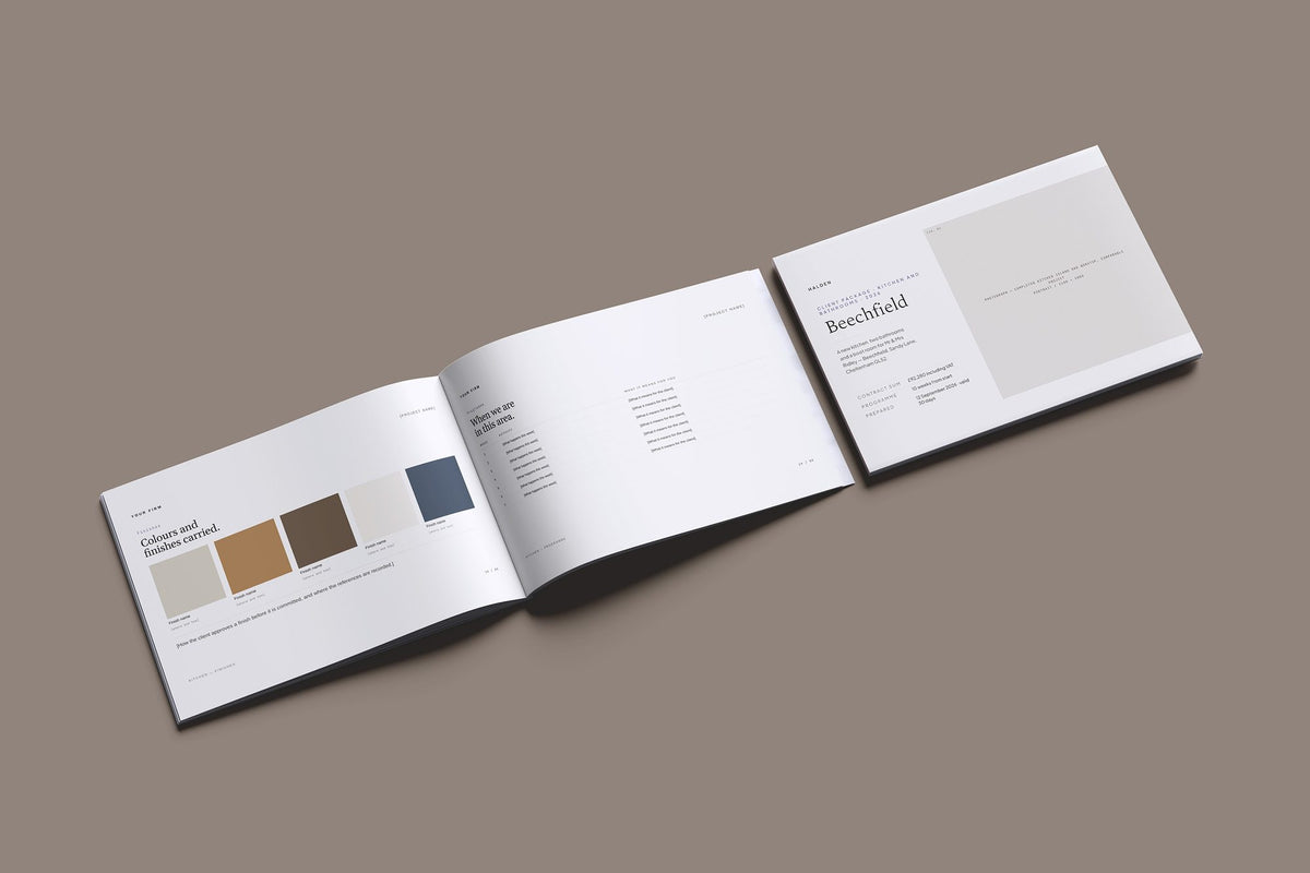 Kitchen and Bathroom Fitter Client Package, Standard colourway, cover and inside spread mockup