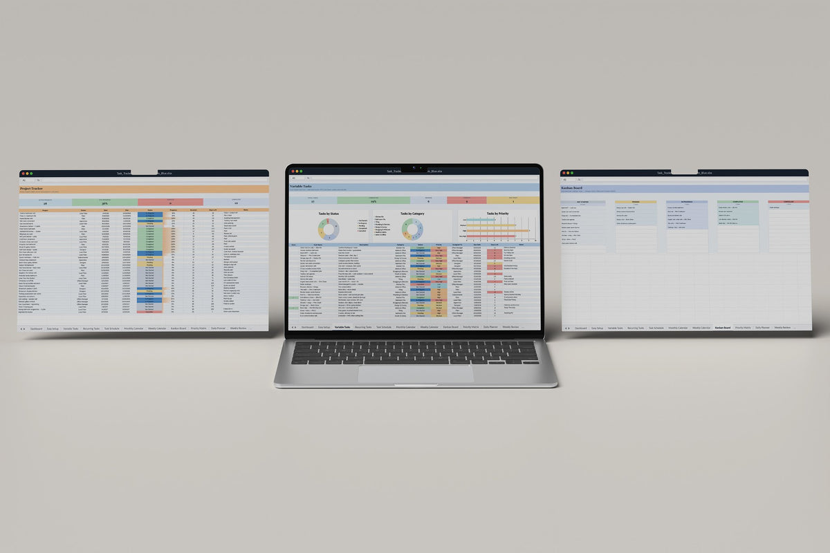 Kitchen and Bathroom Task Tracker 2.0 Excel template, Variable Tasks tab on a laptop screen