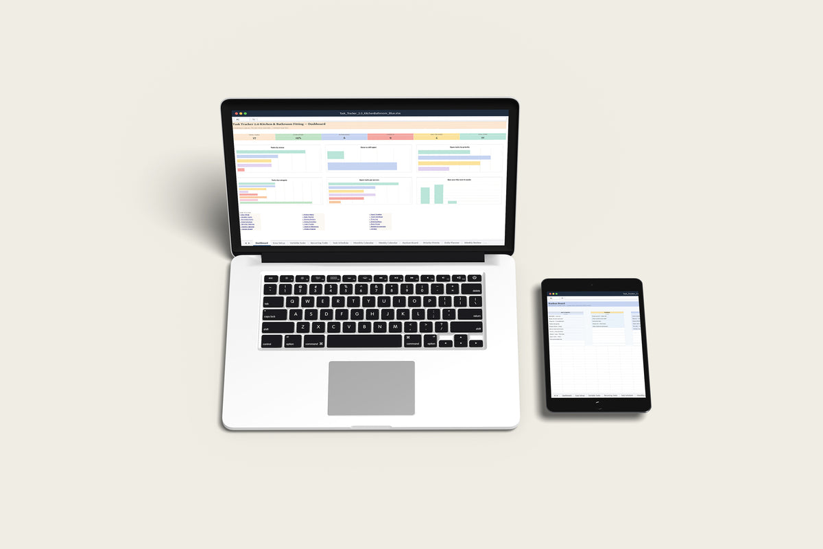 Task Tracker 2.0 - Kitchen and Bathroom Excel template on a MacBook and iPad