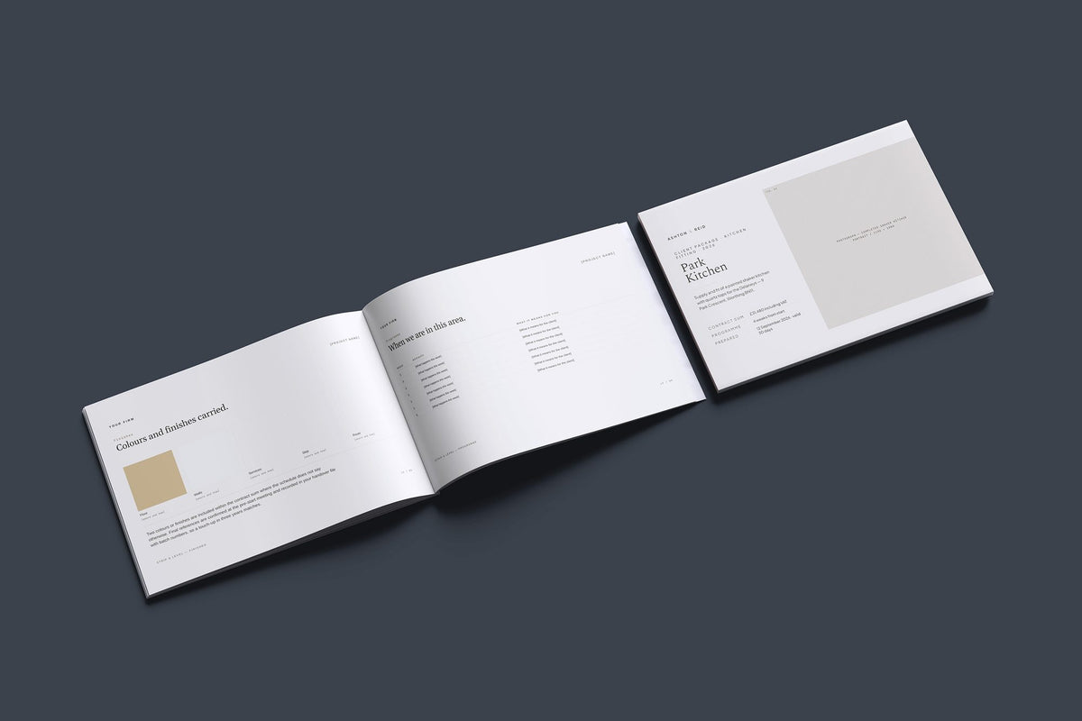 Kitchen Fitter Client Package, Oat colourway, cover and inside spread mockup