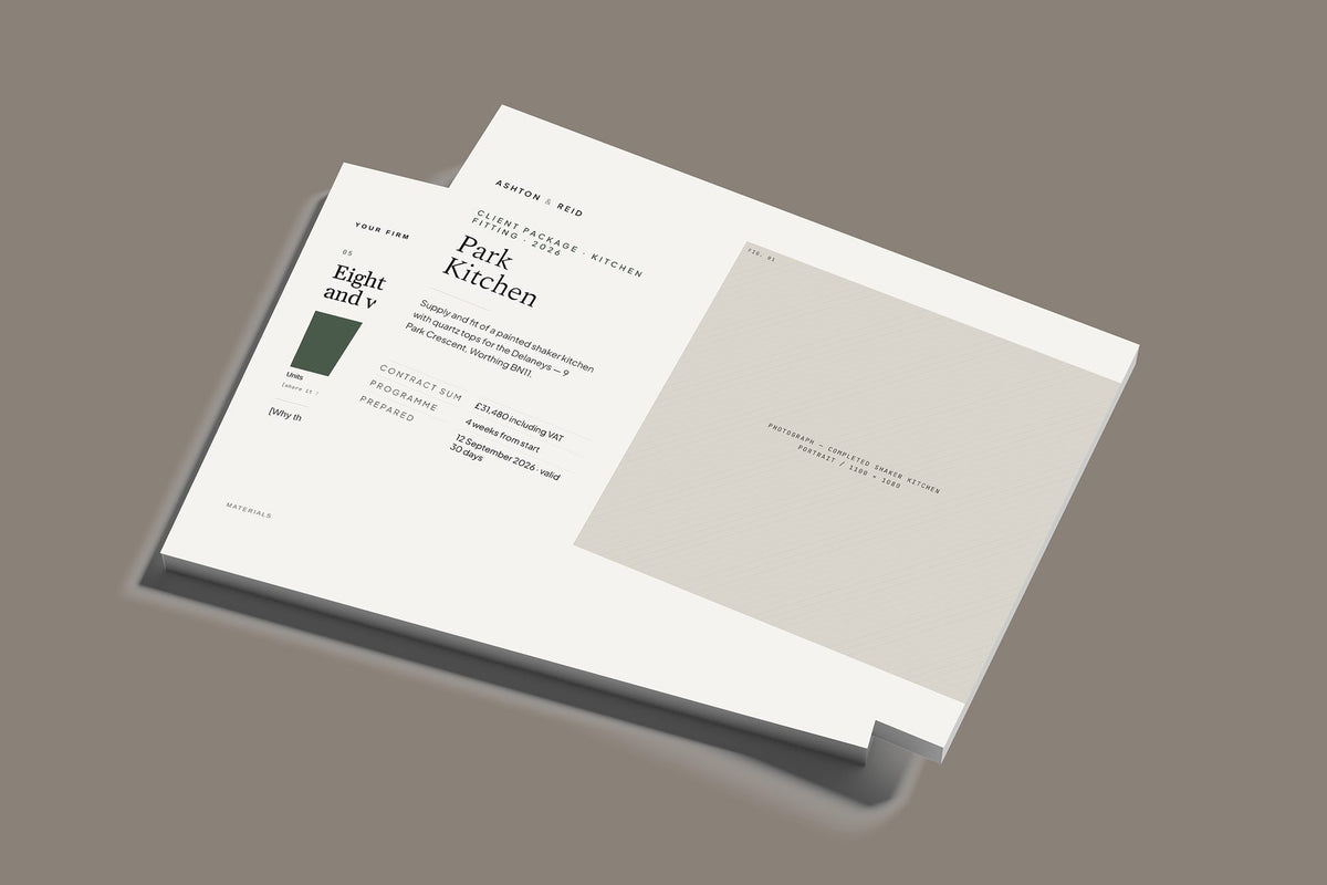 Kitchen Fitter Client Package, Standard colourway, stacked books mockup