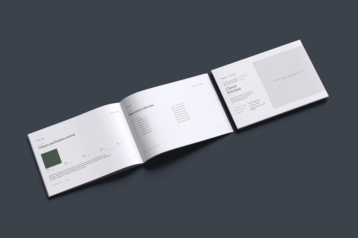 Kitchen Respray Client Package, Ivory colourway, cover and inside spread mockup