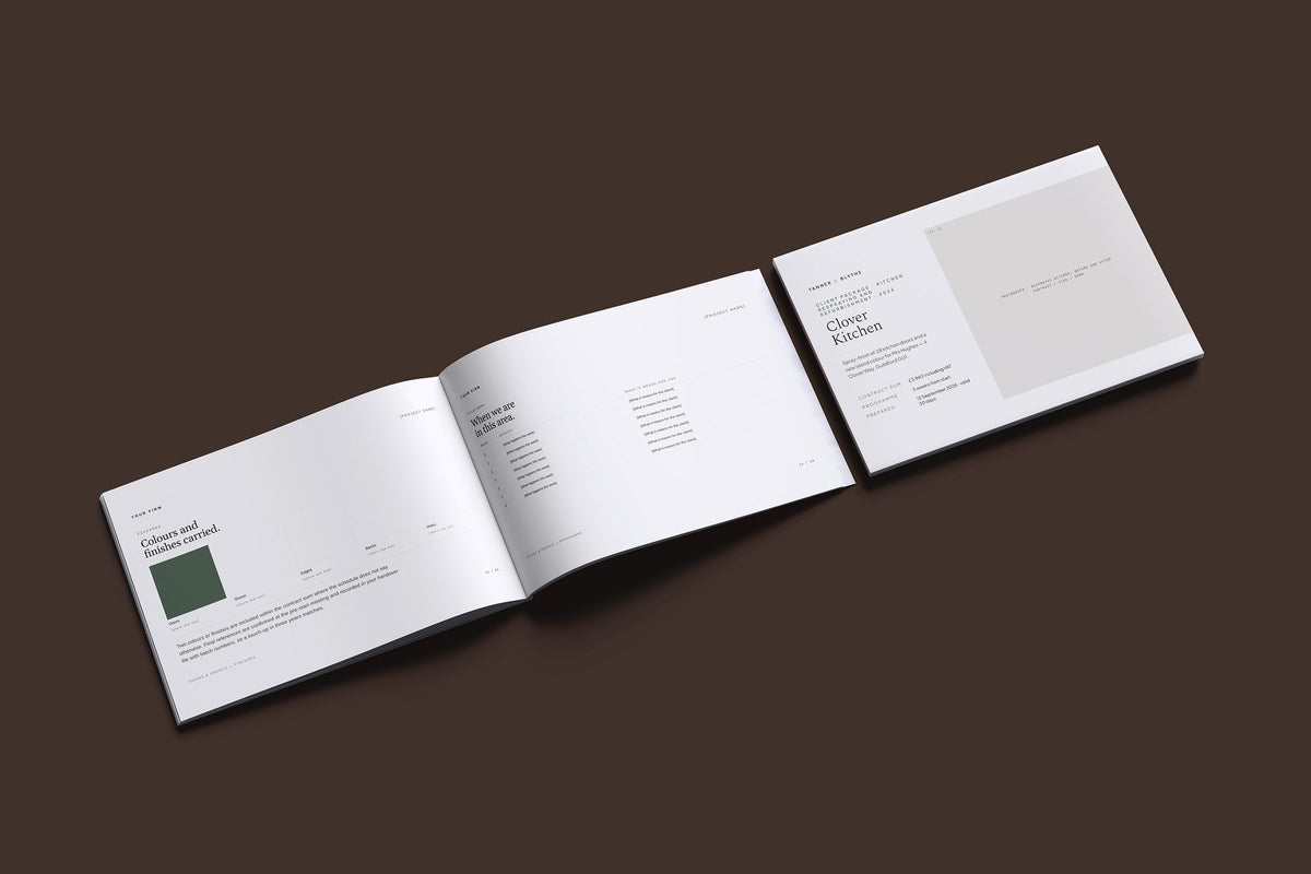 Kitchen Respray Client Package, Standard colourway, cover and inside spread mockup