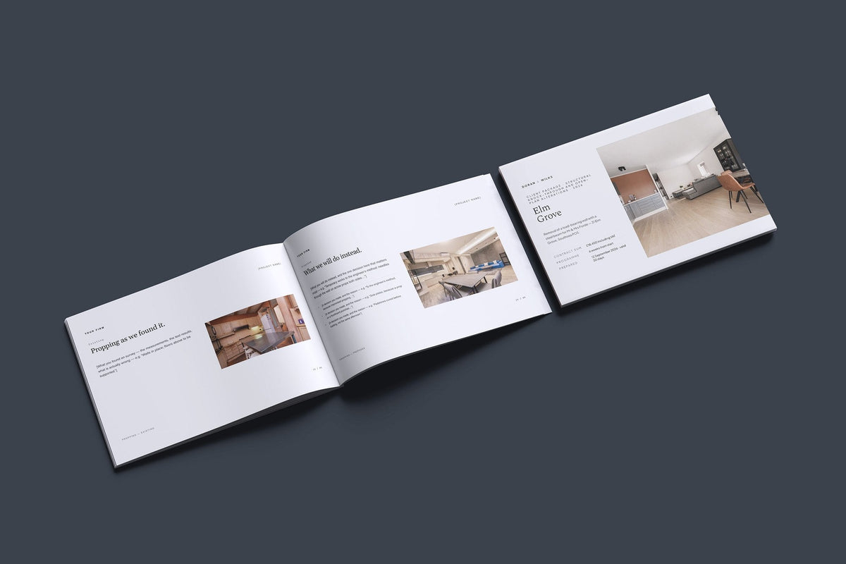 Knock Through and Open Plan Client Package, Slate colourway, cover and inside spread mockup
