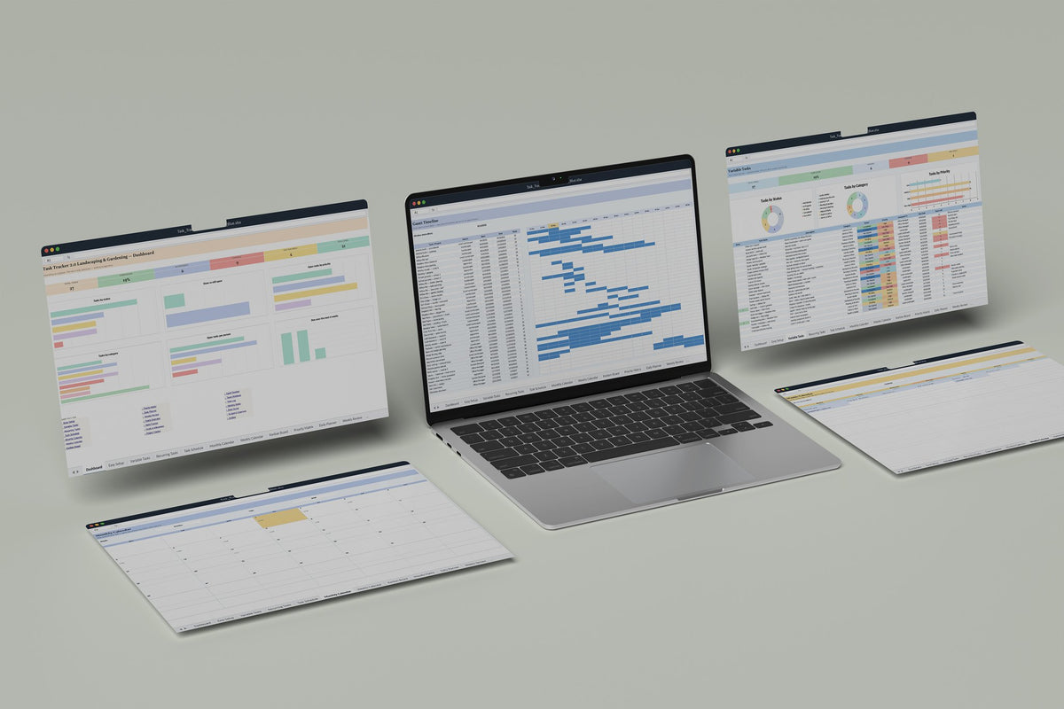 Landscaping Task Tracker 2.0 Excel template, Gantt Timeline tab on a laptop screen
