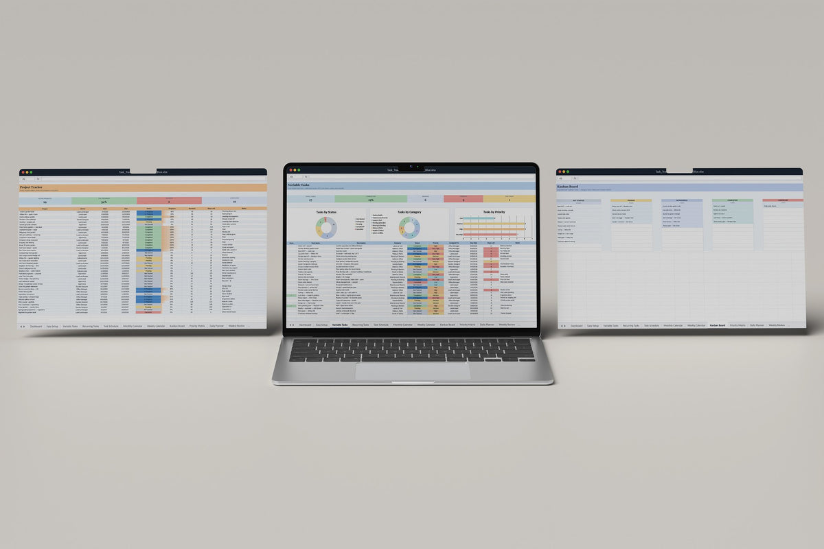 Landscaping Task Tracker 2.0 Excel template, Variable Tasks tab on a laptop screen
