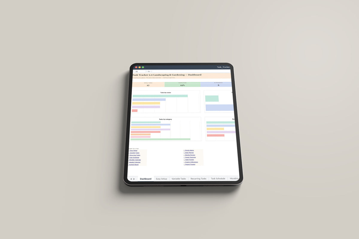 Task Tracker 2.0 - Landscaping Excel template on an iPad Pro
