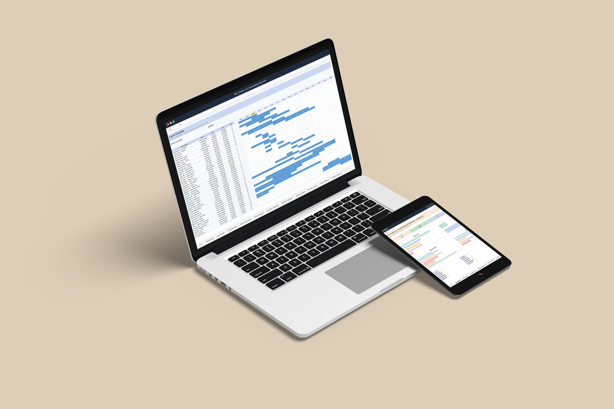 Task Tracker 2.0 - Landscaping Excel template on a MacBook and iPad, second view