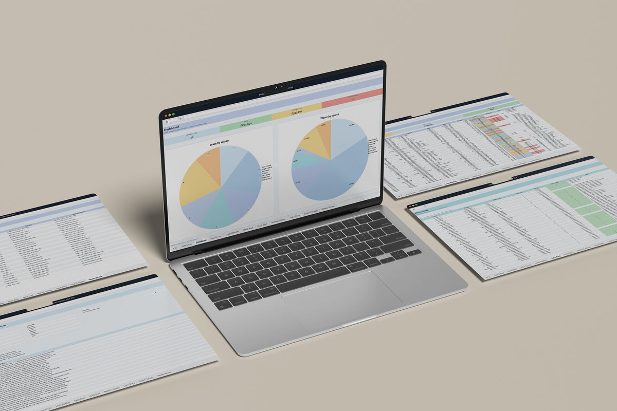 Leads and Clients Tracker Excel template, Dashboard tab on a laptop screen
