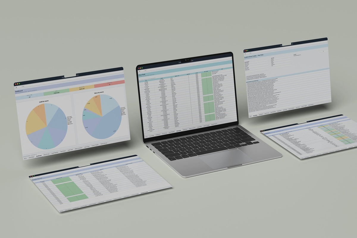 Leads and Clients Tracker Excel template, Client Book tab on a laptop screen